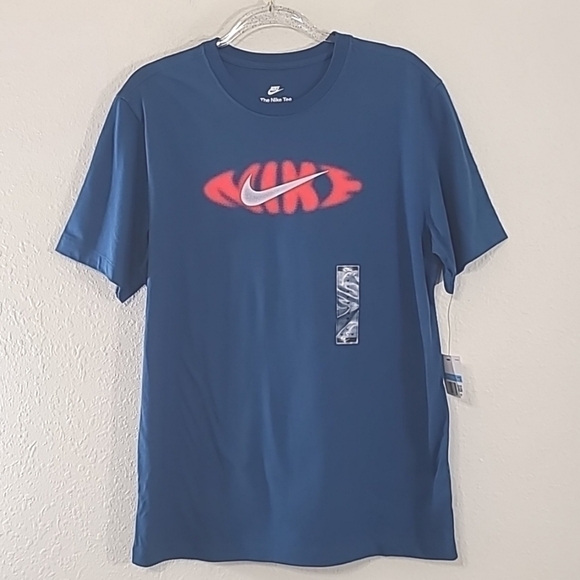 *NWT* NIKE The Nike Tee Blue Short Sleeve Shirt w/Front Orange Logo, size Medium - Picture 1 of 6
